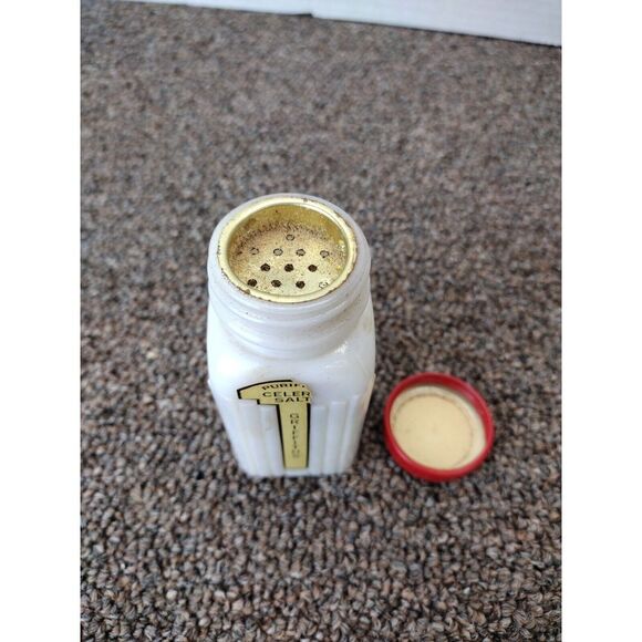Vintage GRIFFITH's CELERY Salt MILK GLASS SPICE SHAKER JAR RED LID YELLOW GOLD - Picture 8 of 8